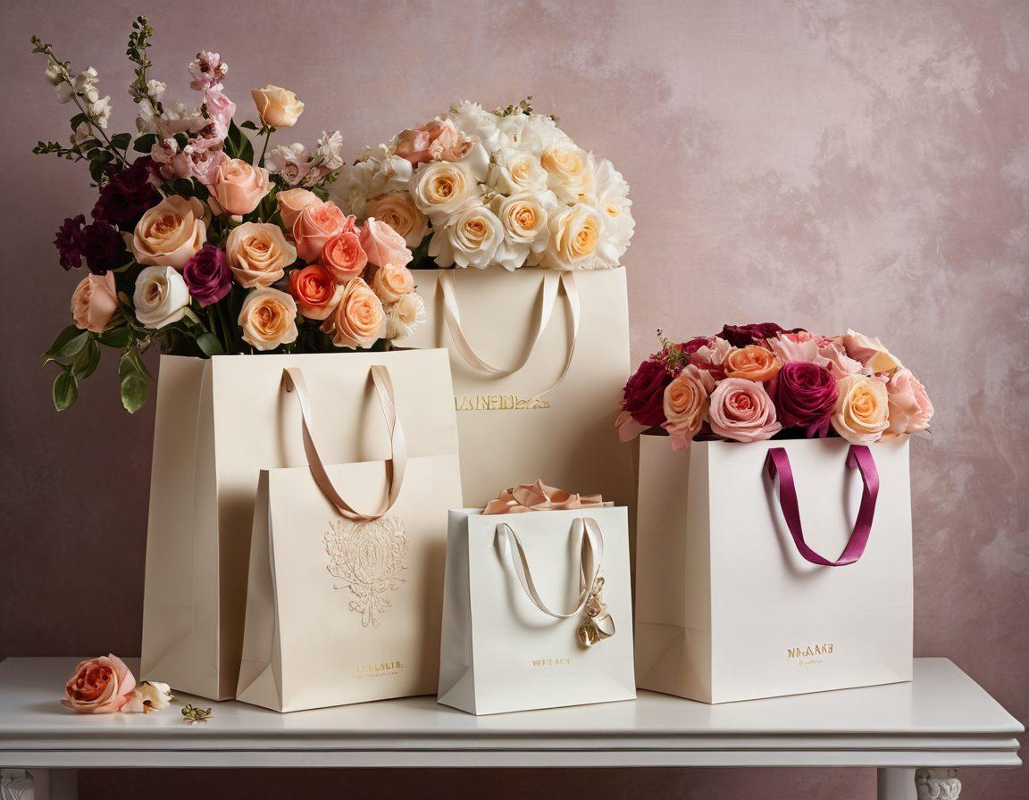 A lavish display of elegant gift bags set against a soft velvet backdrop, showcasing an assortment of luxurious textures and colors, each bag adorned with intricate detailing and decadent ribbons. Soft ambient lighting enhances the opulence, while delicate floral arrangements add a touch of sophistication. A minimalist white table holds the bags, inviting elegance and style. super-realistic. vibrant colors. soft focus.