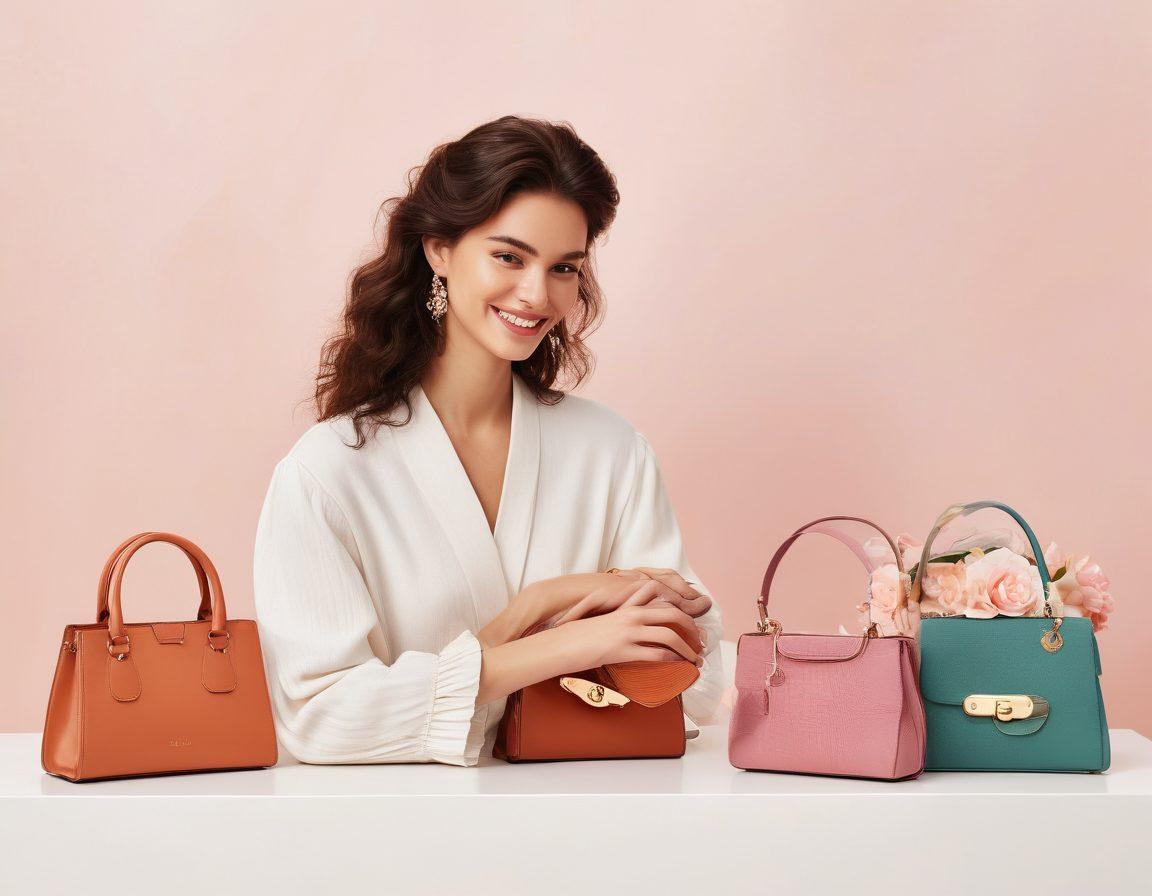 A stylish boutique setting showcasing an array of chic handbags in various romantic hues. Include a soft, dreamy background with subtle floral elements to evoke a sense of affection. Feature a woman joyfully trying on a statement handbag, with a warm glow illuminating her smile. Emphasize luxurious textures and modern designs. elegant illustration. vibrant colors. white background.