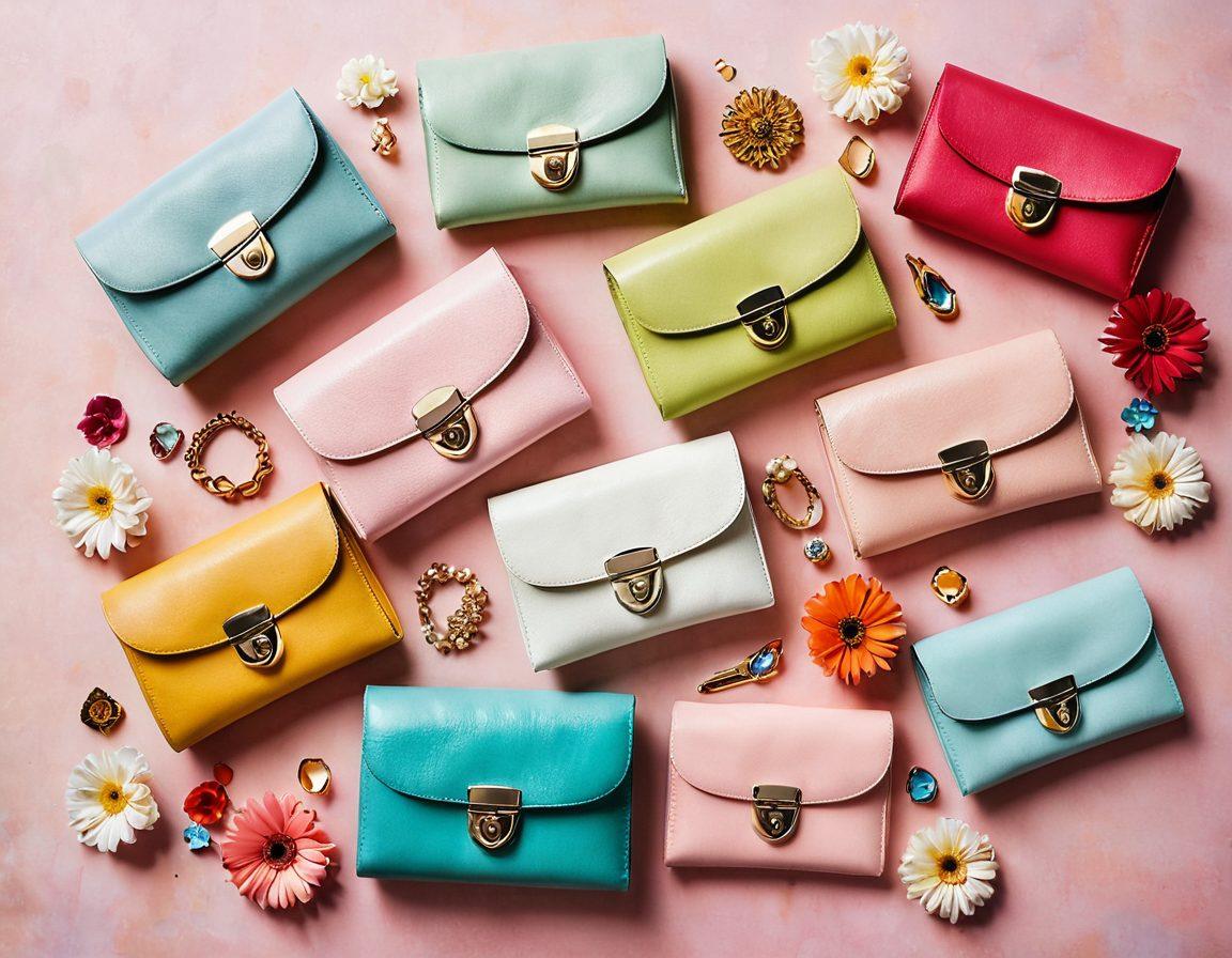 A beautifully arranged flat lay featuring a variety of purses and clutches in vibrant colors, set against a soft pastel background. Each statement piece should reflect different romantic occasions, adorned with delicate floral accents and strategic lighting to create an inviting atmosphere. Include stylish accessories like jewelry and love letters to enhance the theme. soft focus. vibrant colors. elegant styling.